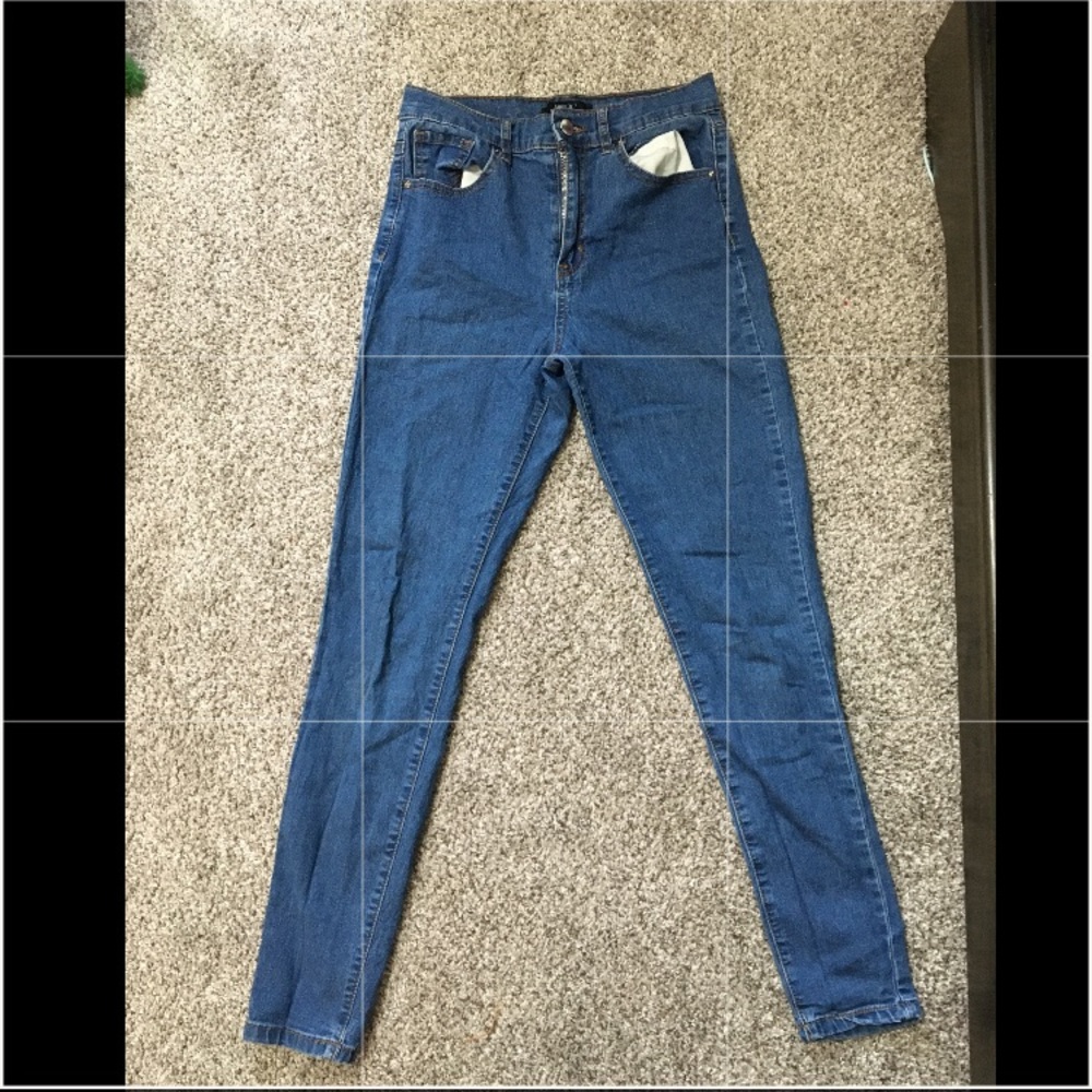Blue skinny jeans with brown trimming high waisted